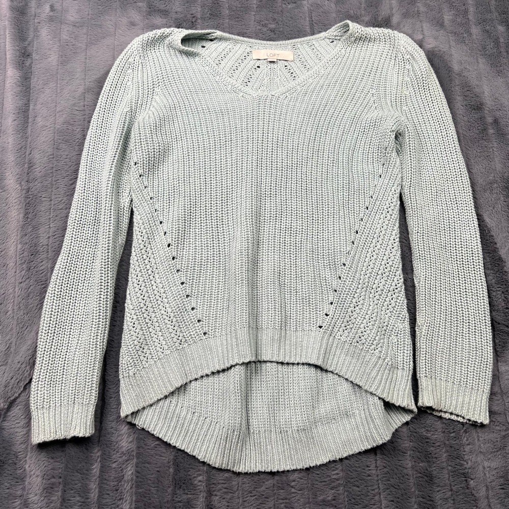 Loft Womens V-Neck Cotton Shaker Knit Sweater Light Sage Green Size M 13251